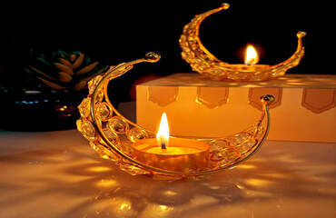 Elegant Brass Moon Crystal Diya