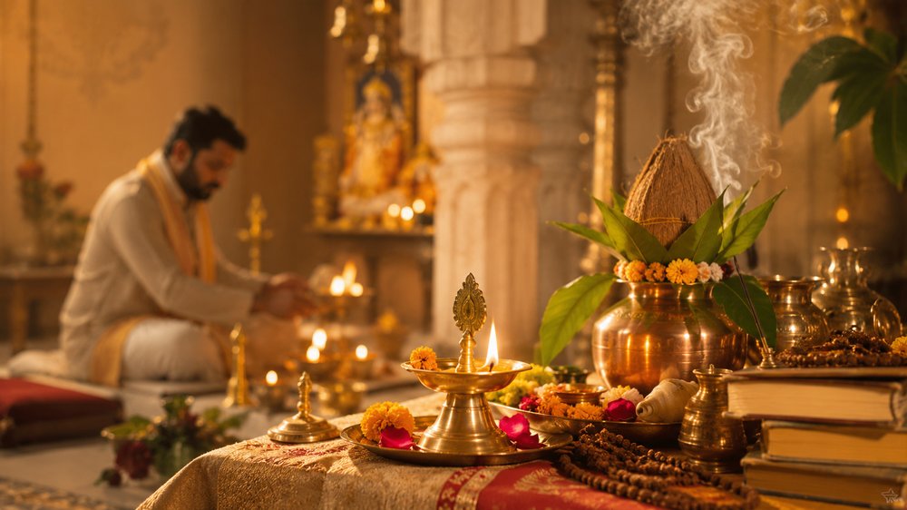 Pandit ji performing a traditional Hindu puja with samagri thali